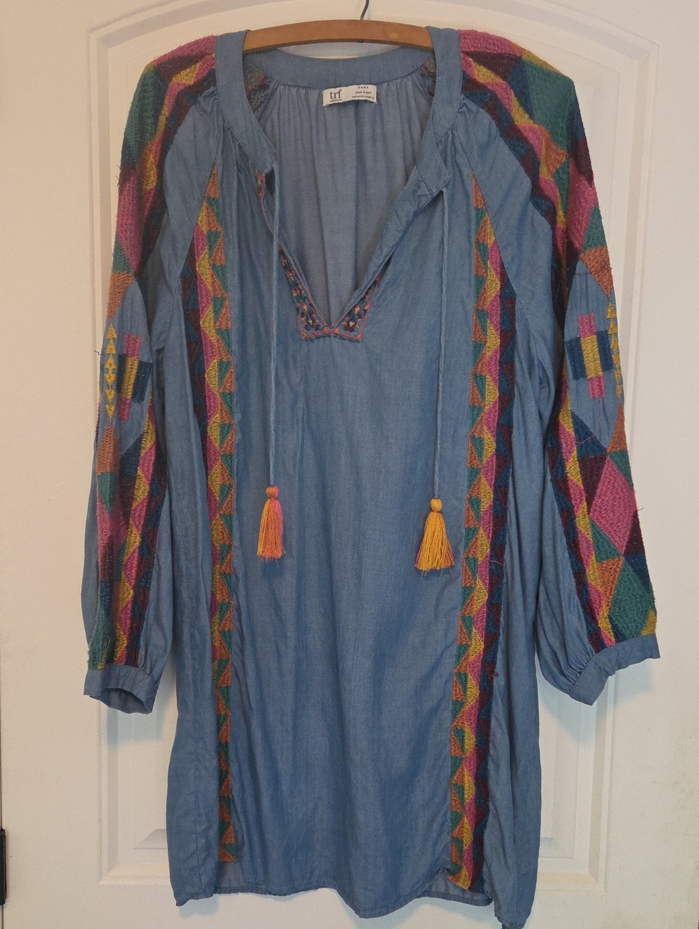 Trf by Zara Blue Boho Embroidered Tunic Dress Or Top with Multicolor Sleeves